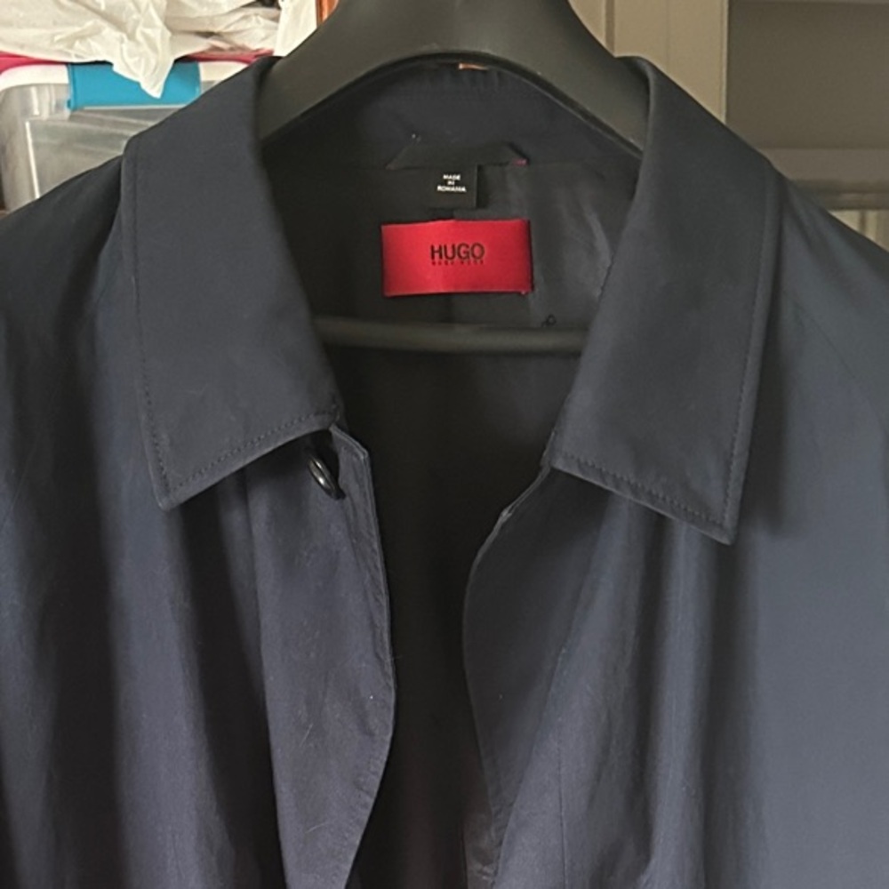 HUGO BOSS Men's Dark Blue Full Length Lightweight Rain Jacket Trench Coat